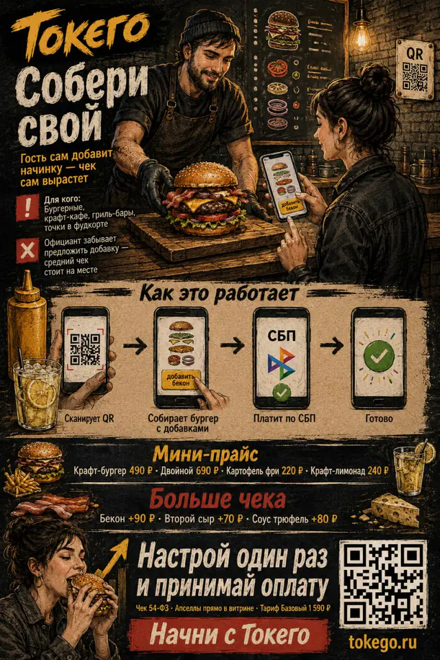 Иллюстрированный сценарий TokeGo для бургерной с выбором добавок